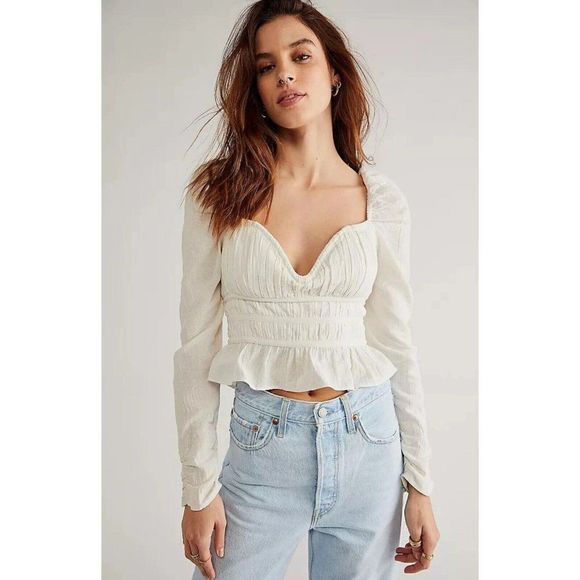 Free People Tops - NWT FREE PEOPLE Chloe White Cotton Gauze Ruched Corset Peasant Blouse, Size L